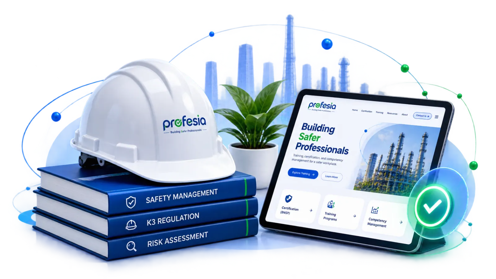 Helm keselamatan Profesia, buku K3, dan tablet berisi platform Profesia